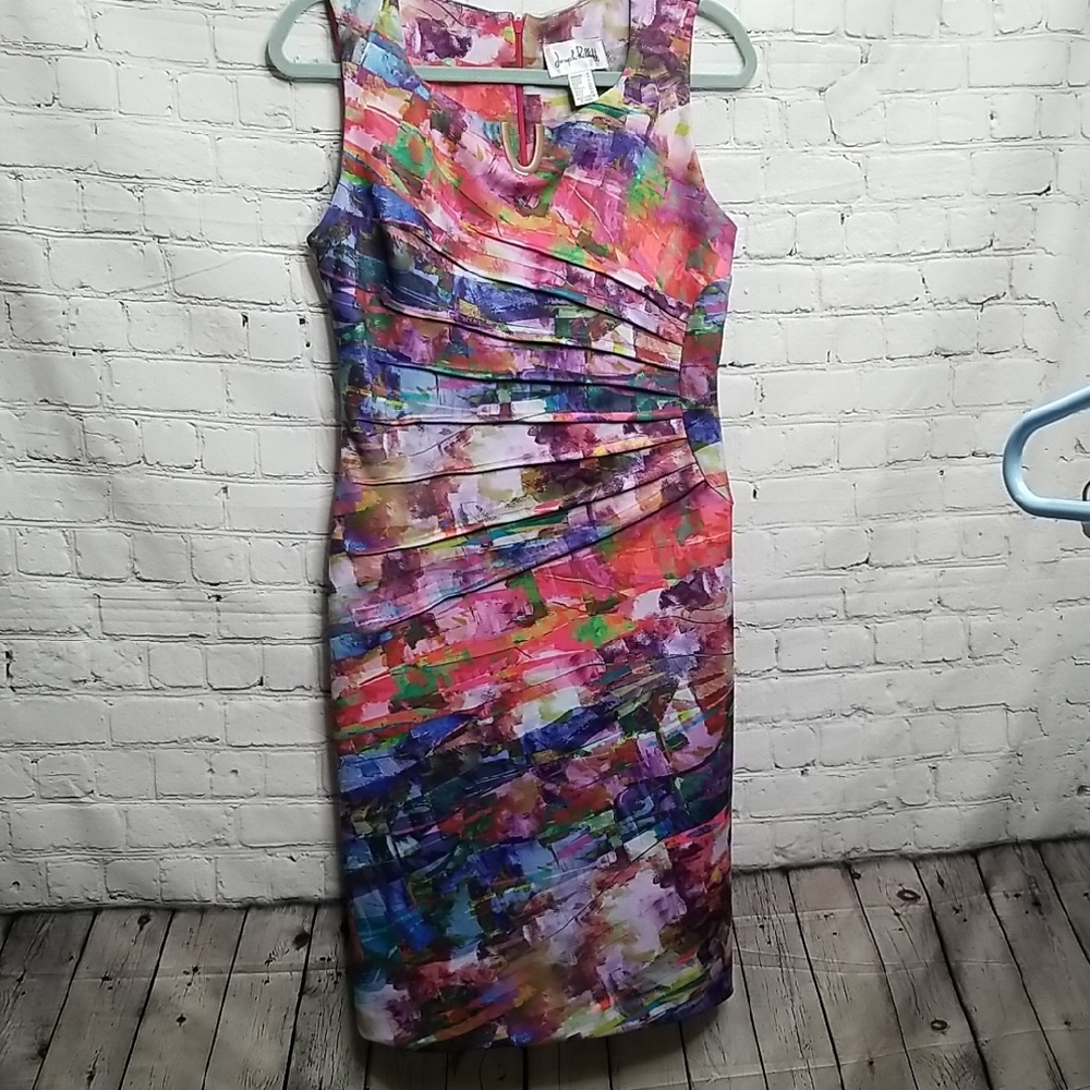 Joseph Ribkoff Sleeveless Floral Multicolor Abstract Rouched dress size 12 EUC